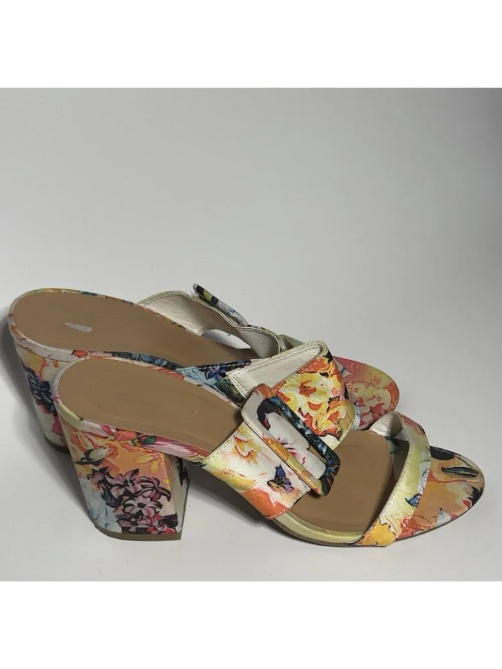Bamboo Floral Print Buckle Slide Sandals Women’s 7.5 Block Heel Multicolor